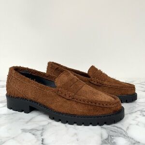 Maeve Brown Lug Suede Loafers Textured Raw Leather Natural Furry Penny Chunky 38